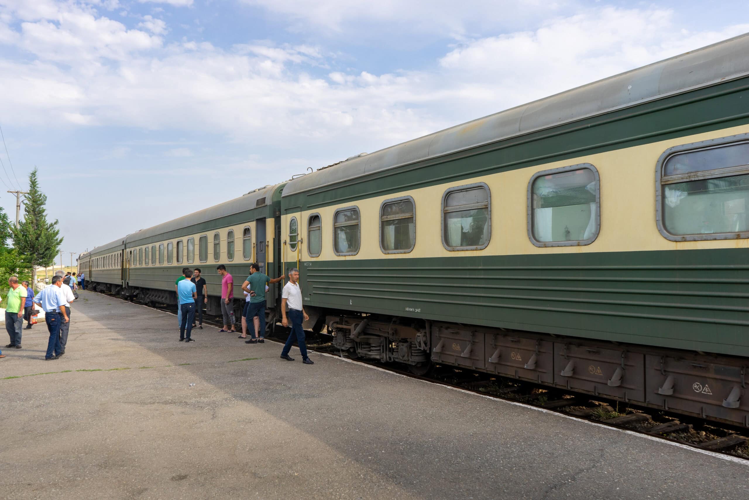 Passengers disembark on the platform at Sheki Station, Azerbaijan