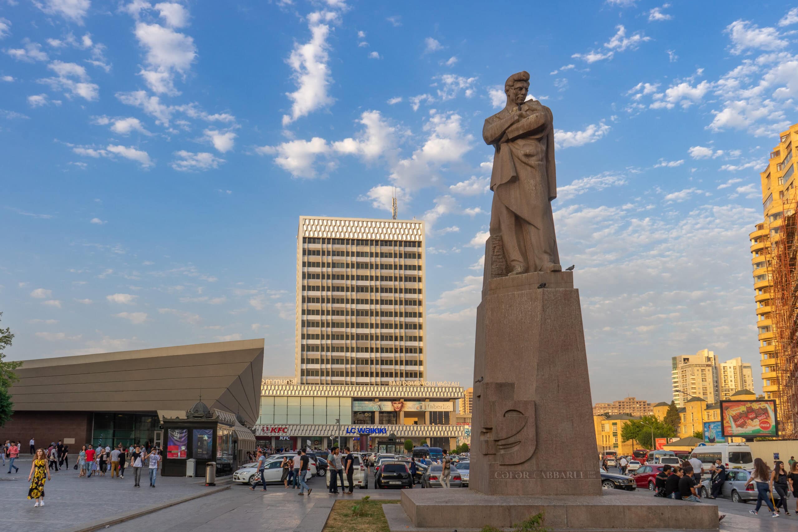 A statue of the poet Jafar Jabbarli standing in front of the Baku Station in Azerbaijan. We started out overland journey from Baku to Yerevan here