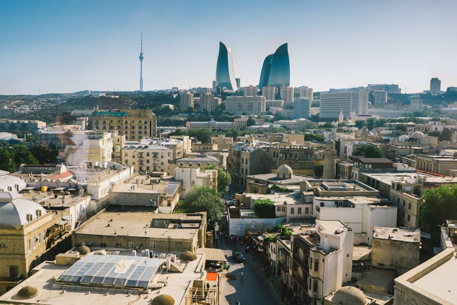 2 day Baku itinerary: View over Baku old town from the Maiden tower looking towards the Flame towers