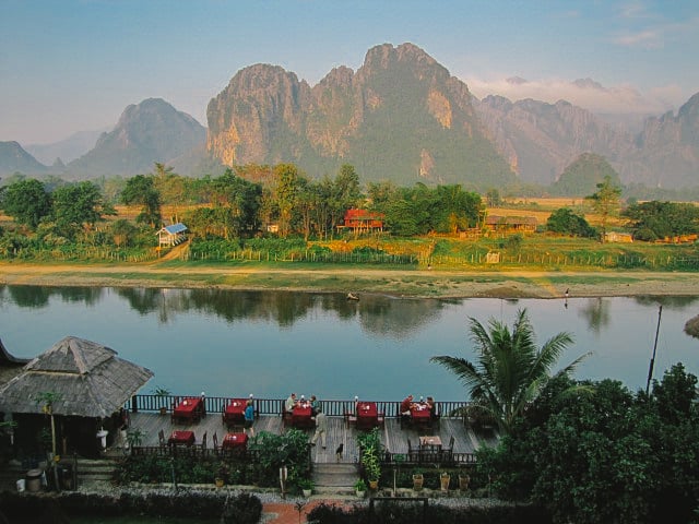 Laos travel photography: View over the Nam Song river from the Elephant Crossing hotel in Vang Vieng, Laos.
