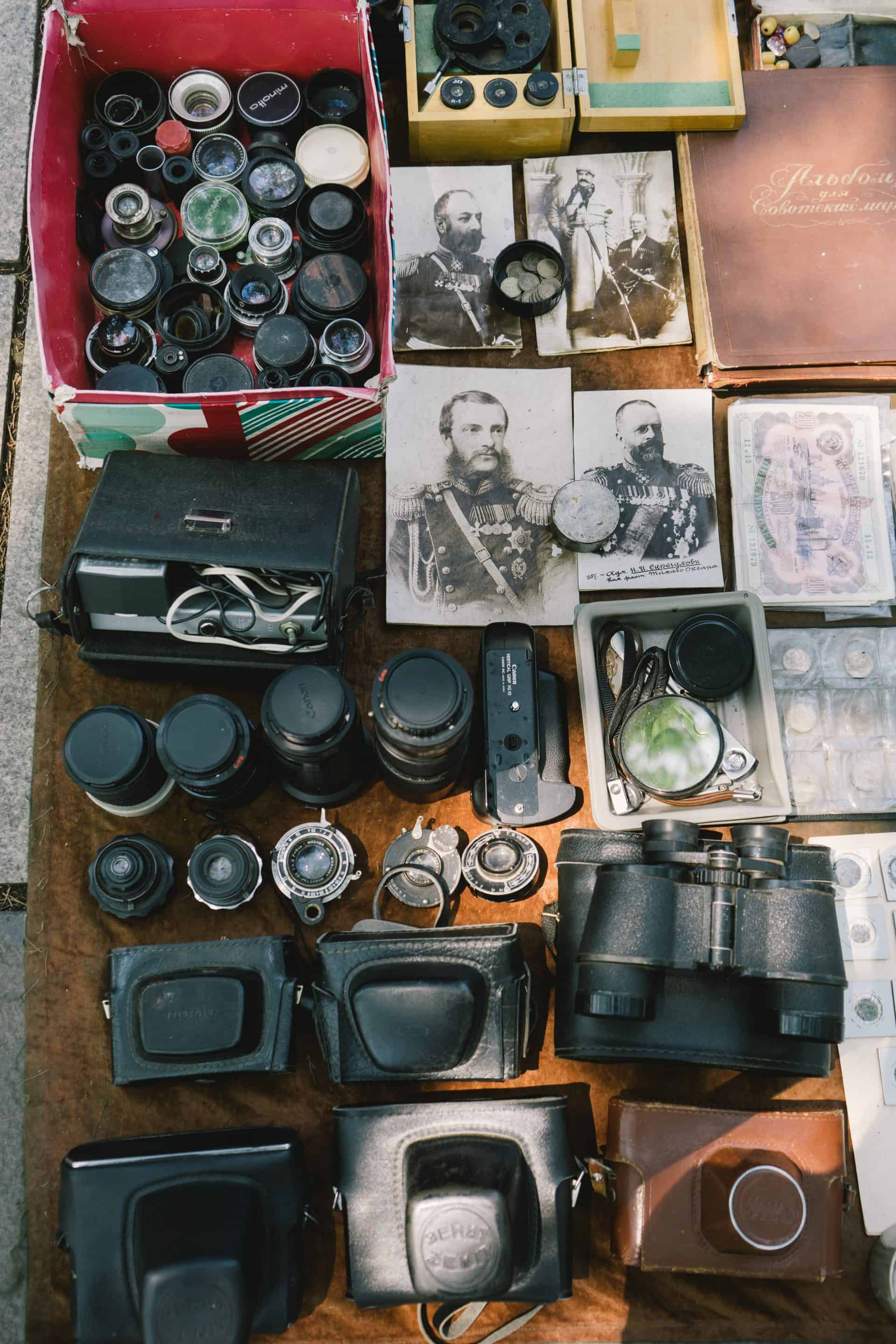 Old cameras and lenses for sale at the dry bridge market