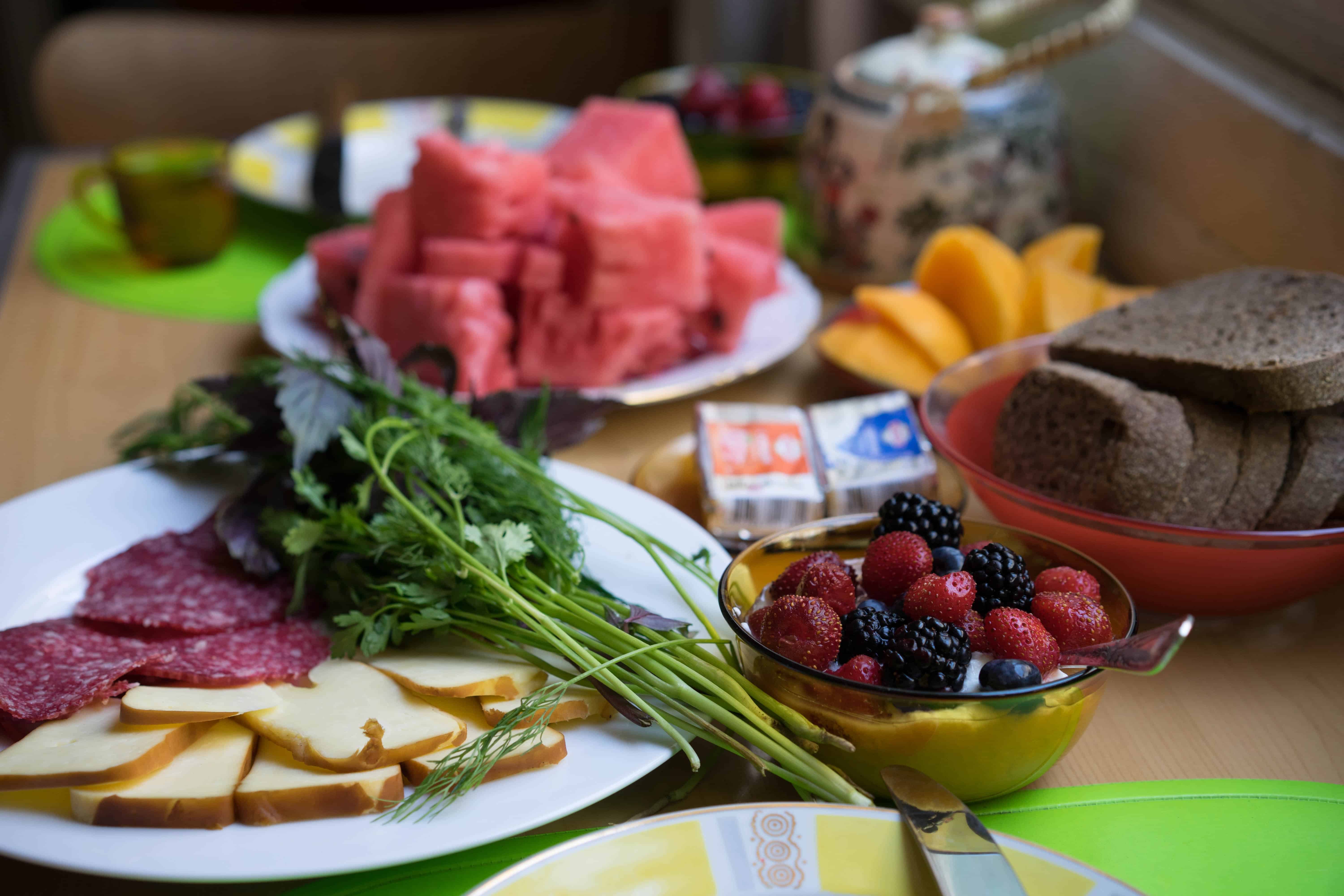 Fresh fruit, cheese and cold cut meats for breakfast in Tbilisi