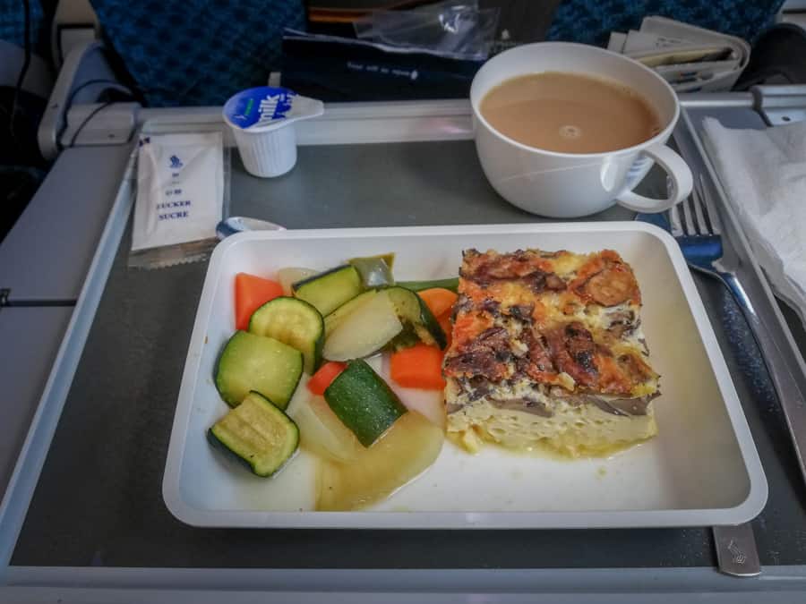 Singapore Airlines economy class breakfast: A mushroom frittata served with vegetables and milk tea