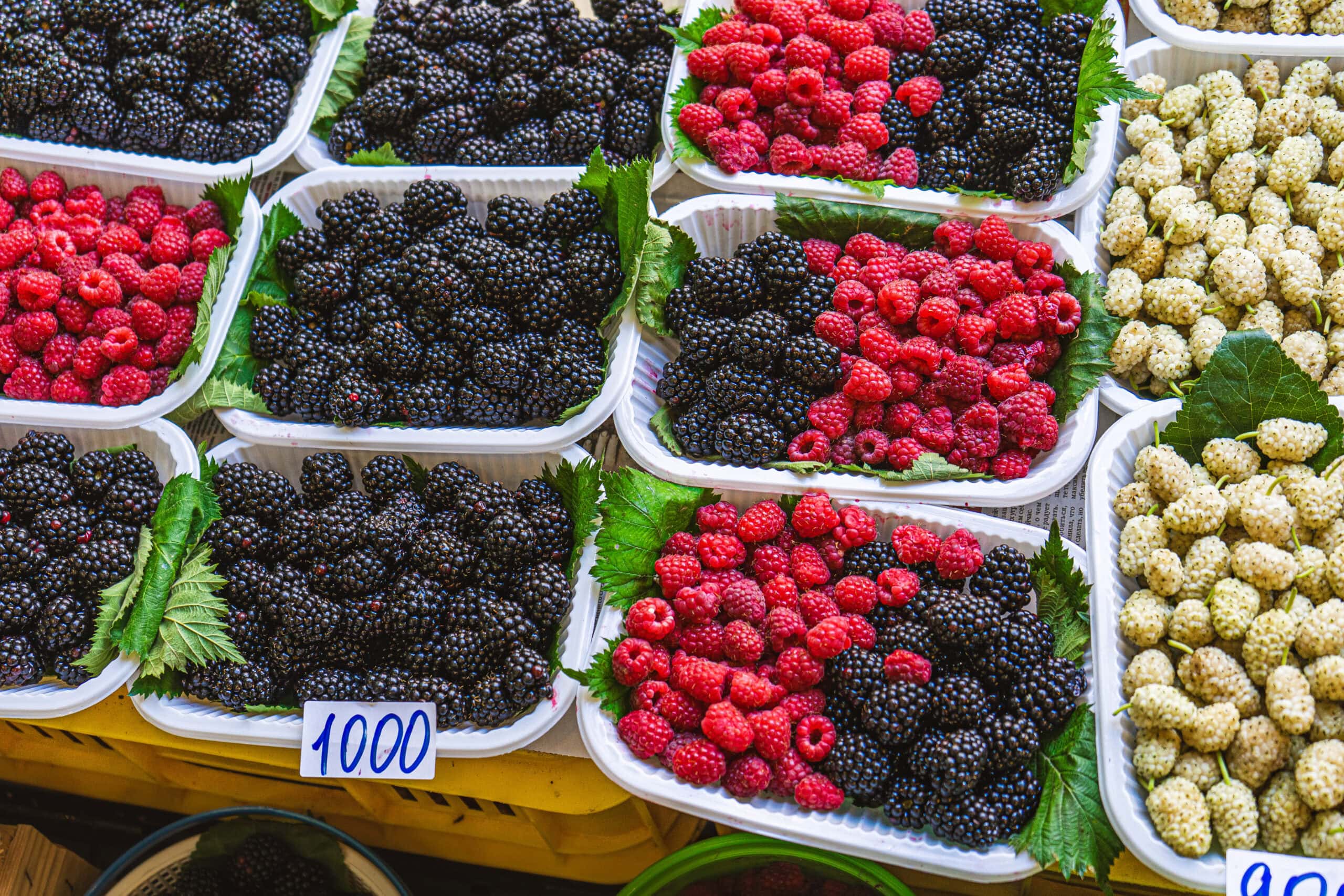 punnets of raspberries and currents for sale in Yerevan