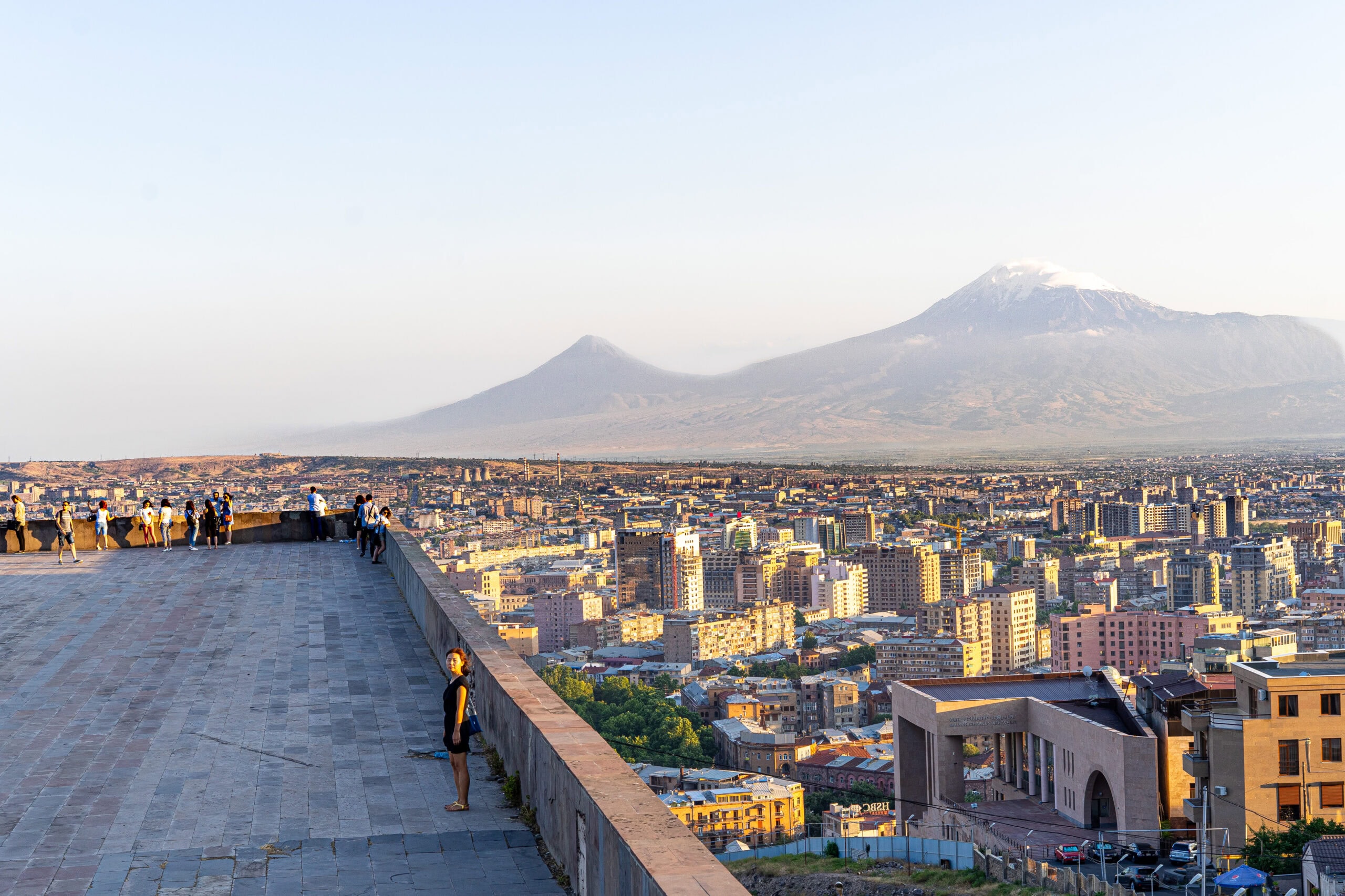 Yerevan with Mount Ararat rising on the horizon  in the late afternoon light