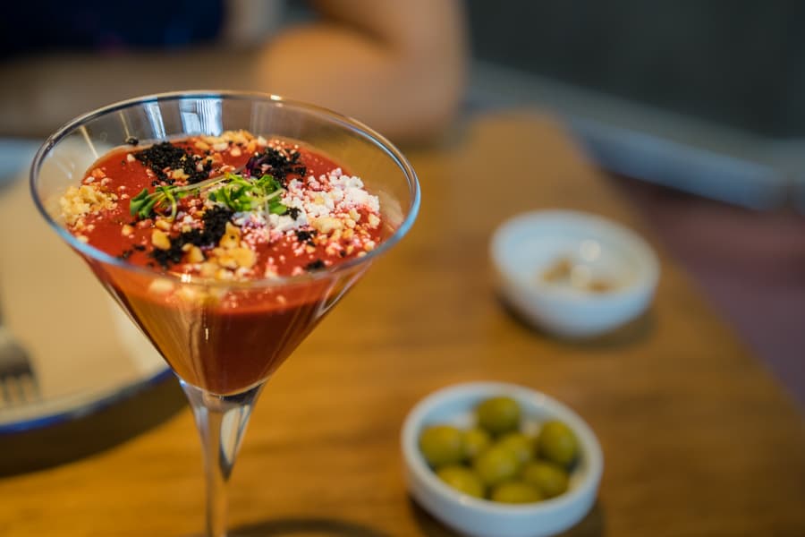 Beetroot gazpacho with goat cheese at La Brunilda in Seville