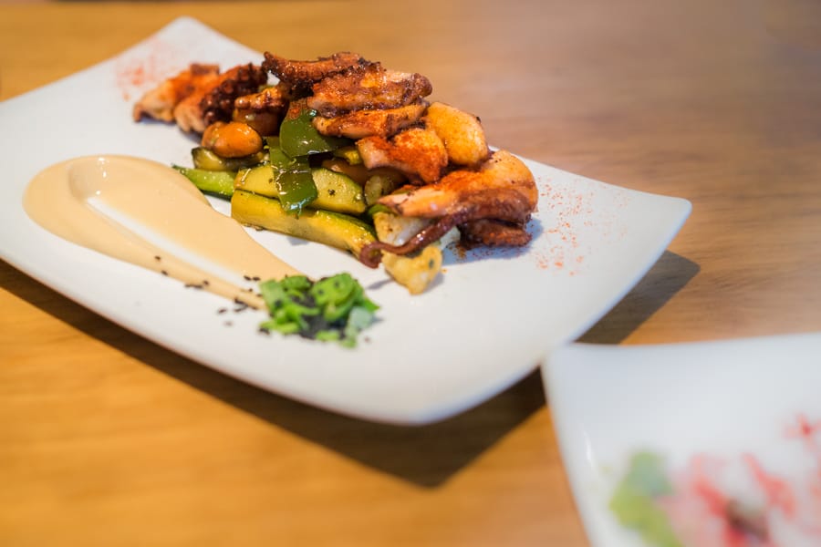 Grilled octopus with vegetables and soy mayo at La Brunilda in Seville