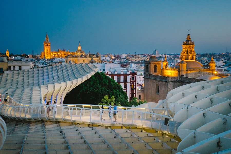 Night view towards the Seville Cathedral from the Metropol Parasol