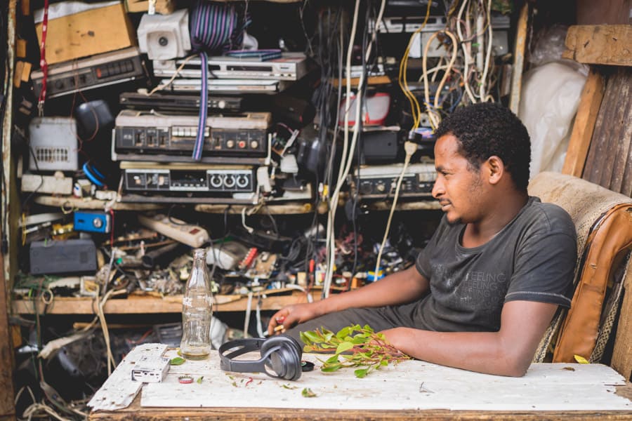 Man chewing khat at the Recycling Market in Harar