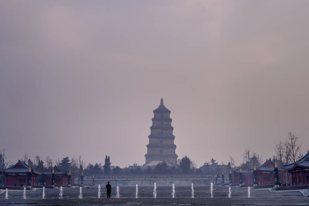 The fountain at the Giant Wild Goose Pagoda in Xi'an, China