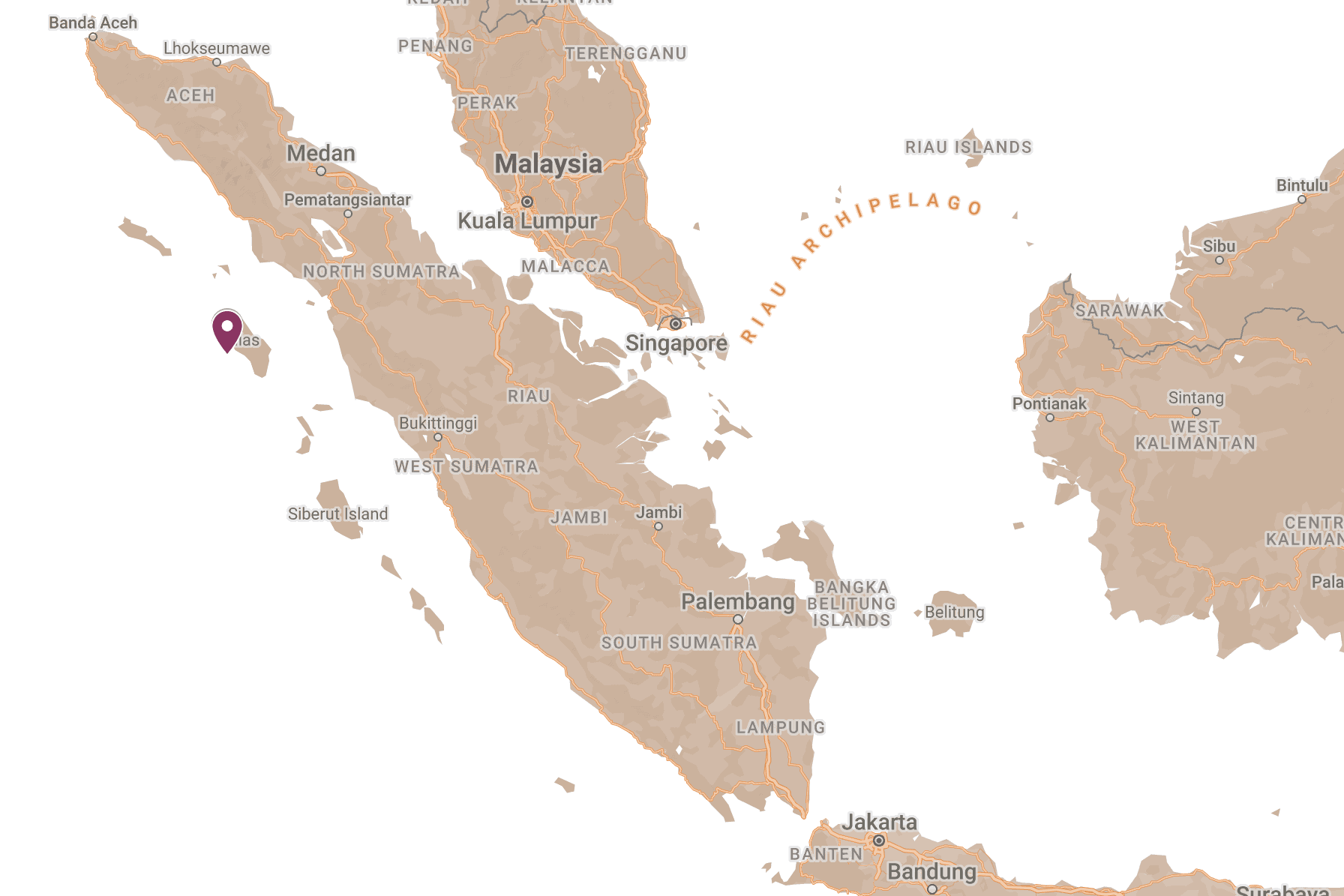 Asu Island on the map, just off the coast of Nias Island in north Sumatra, Indonesia