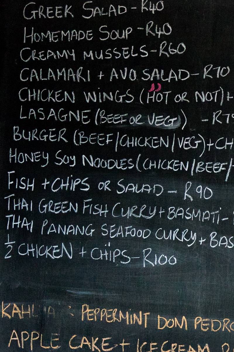 Menu at Amapondo Backpackers in Port St Johns