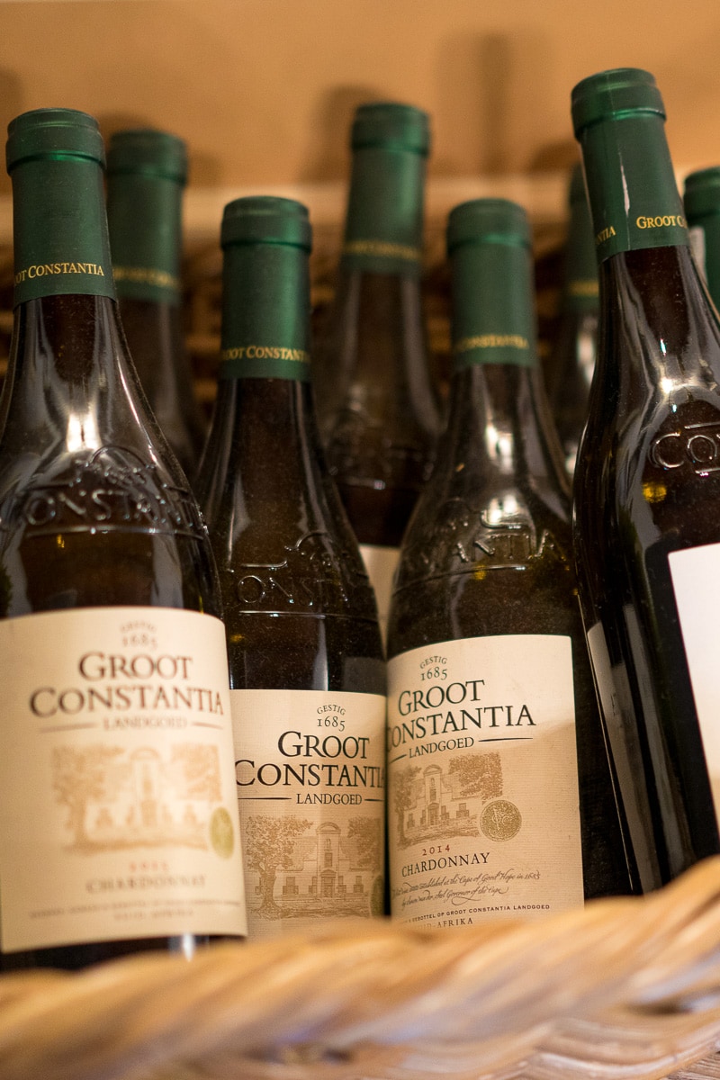 Wine bottles on display at Jonkershuis Restaurant at Groot Constantia Wine Estate