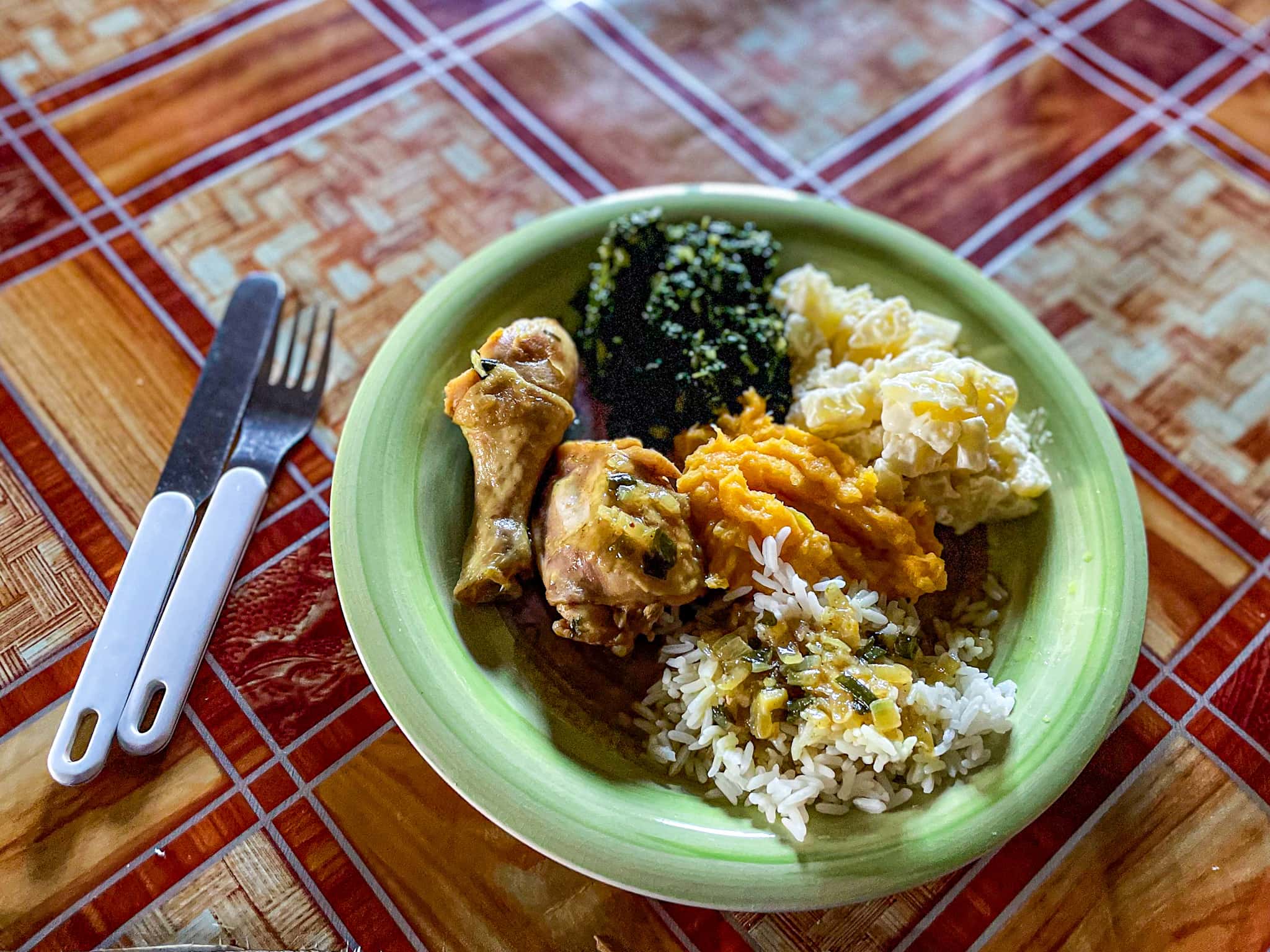 Traditional Xhosa dinner of chicken, rice, gravy, pumpkin, chard, potato salad during the Wild Coast hike