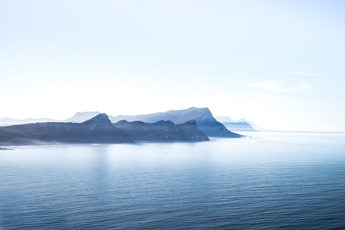 Looking from the Cape of Good Hope in False Bay back to Table Mountain in the distance