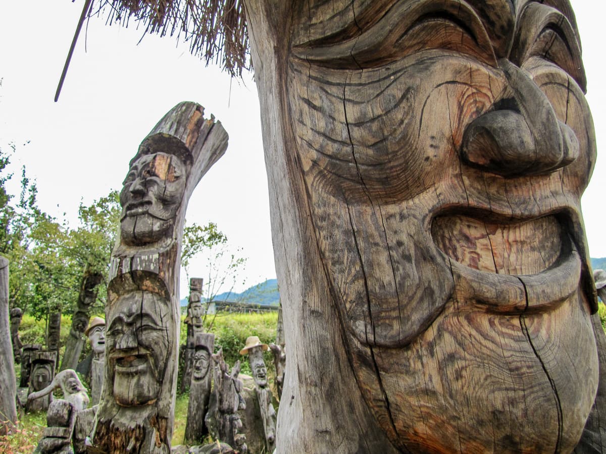 Carved Korean totems poles at Andong hahoe Folk Village