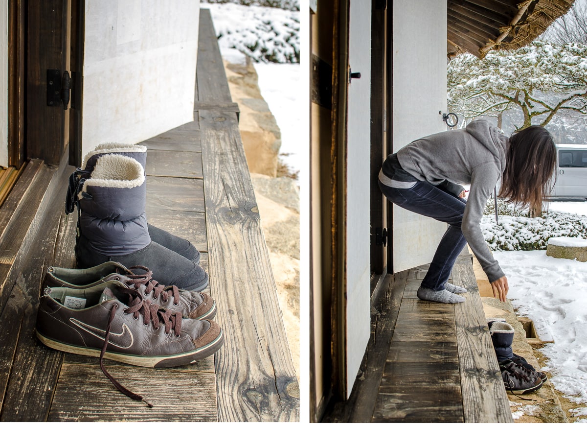 taking off shoes before entering a traditional Korean home