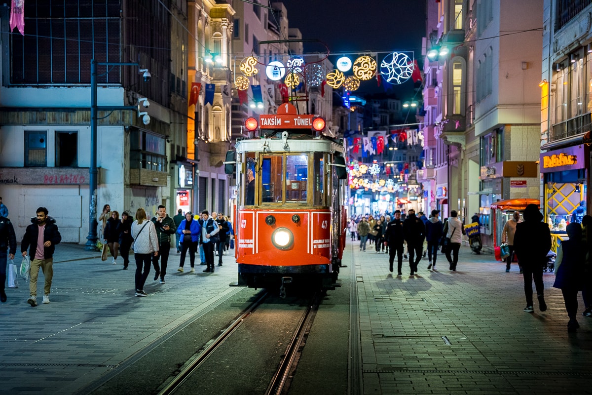 Tram on Istiklal Street at night - Istanbul Itinerary