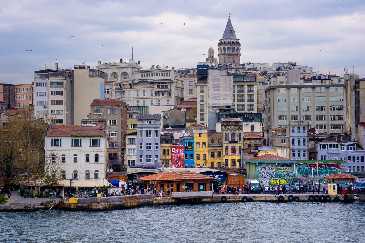Galata Tower seen from the Galata Bridge in Istanbul, Turkey