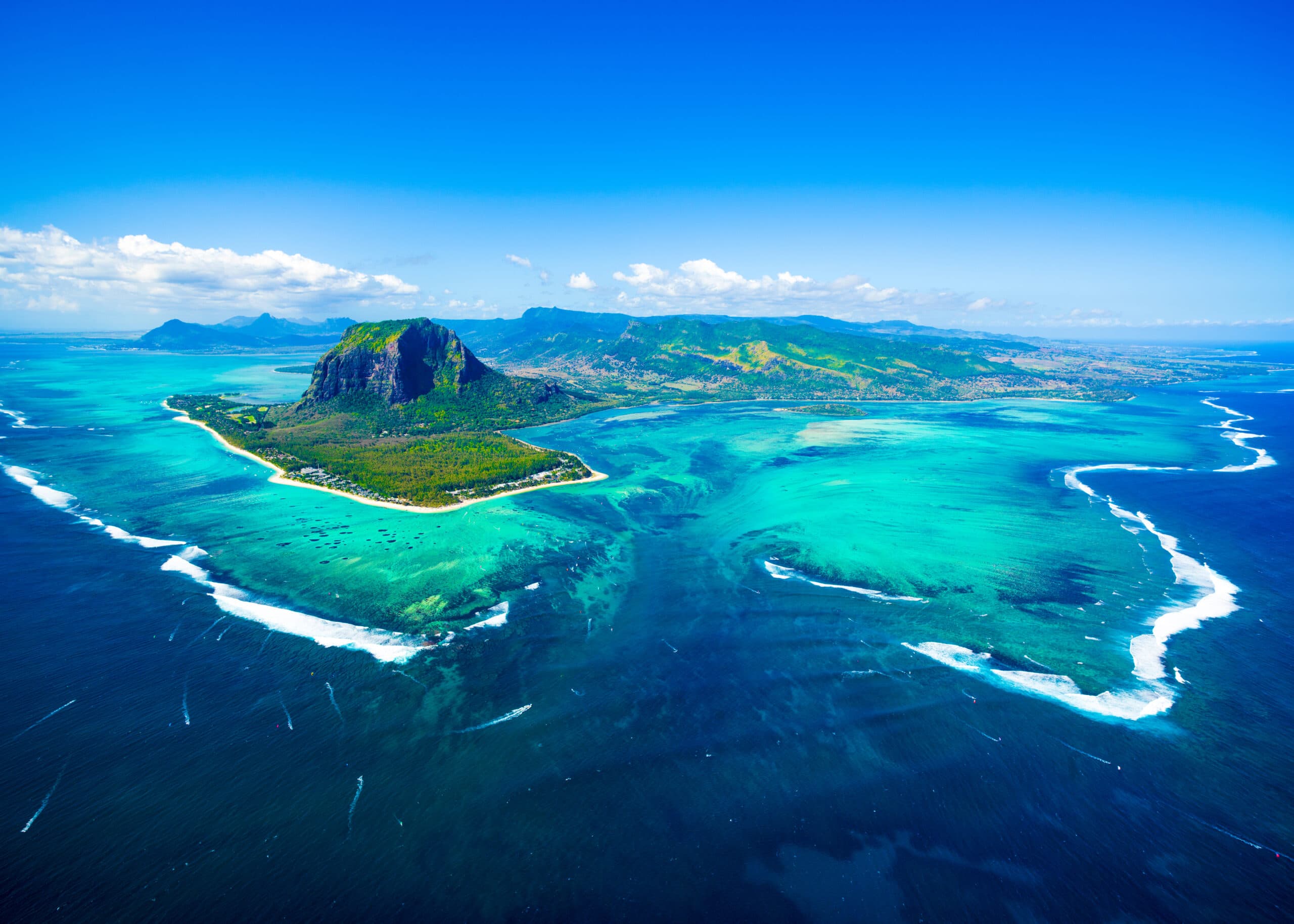 An aerial view of Le Morne Brabant mountain and the underwater waterfall, Mauritius island