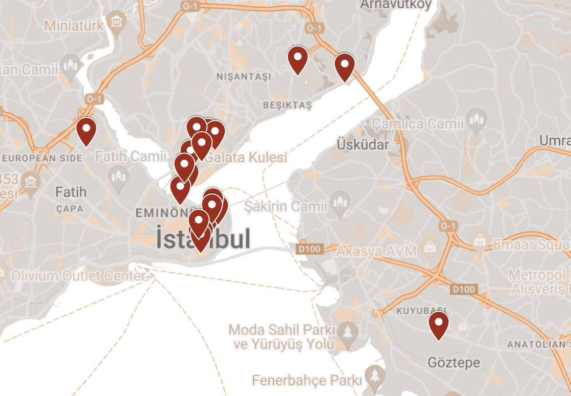 Map with the best things to do and attractions in Istanbul