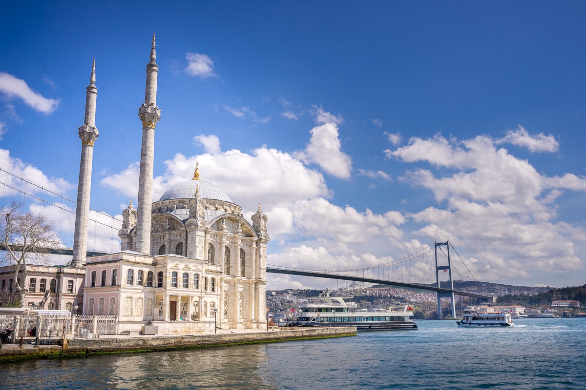 Ortaköy Square with a small mosque and the Bosphorus brigde between Europe and Asia in the backdrop