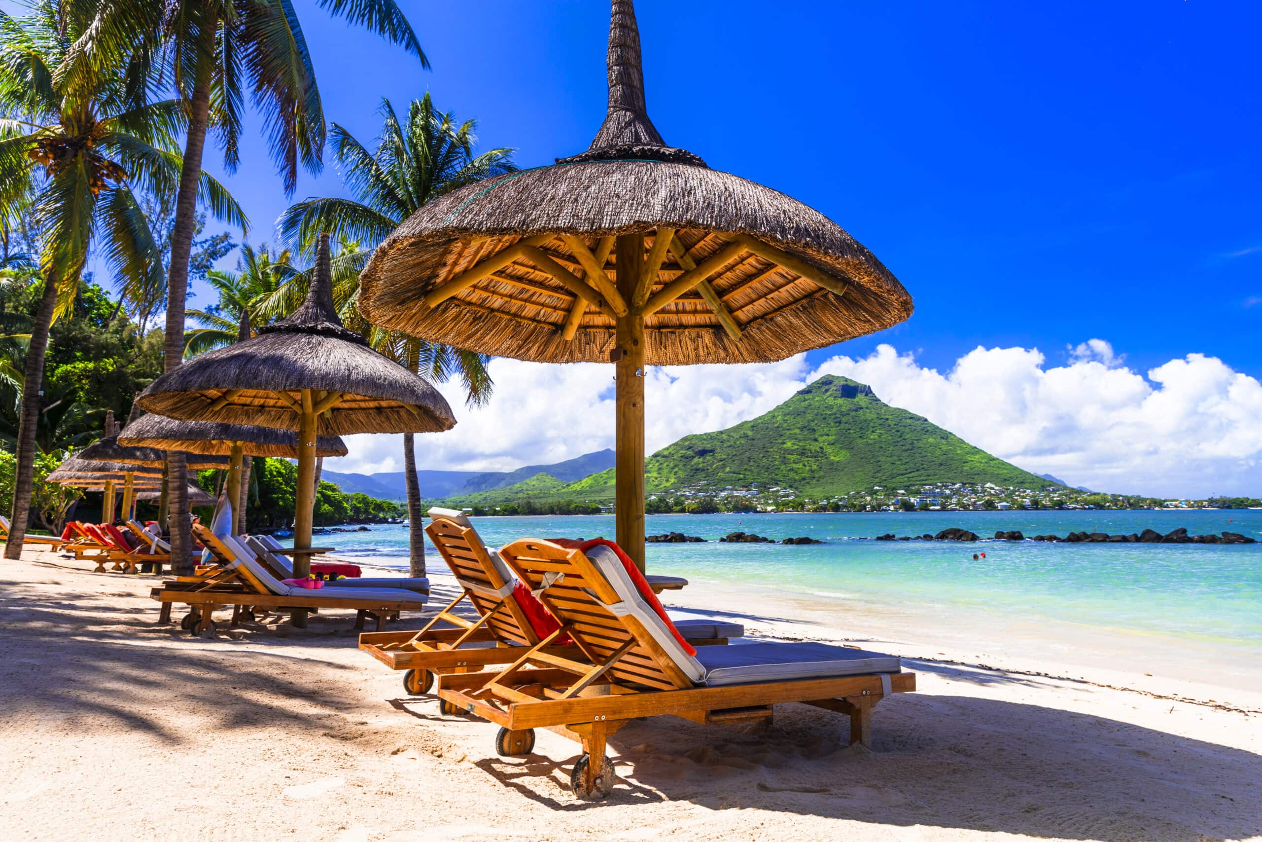 sun beds on Flic-en-Flac beach on Mauritius Island