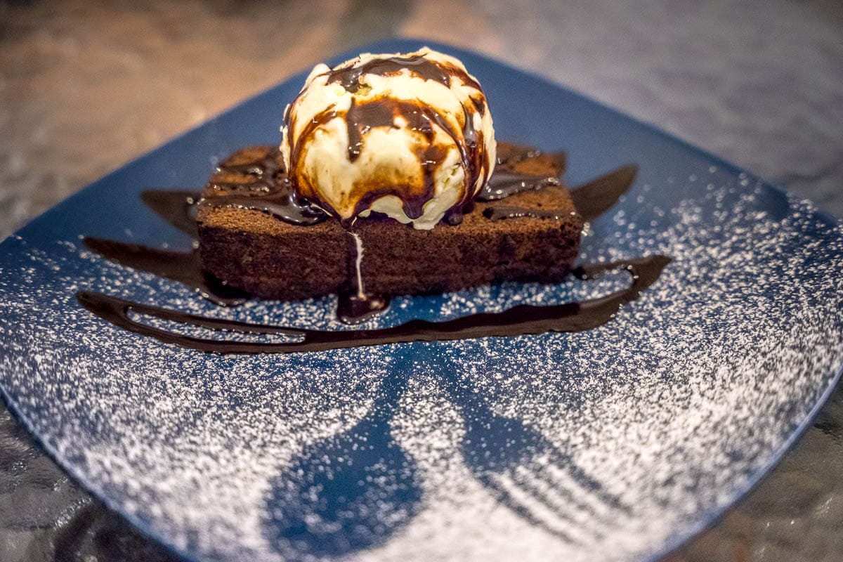 Chocolate brownie and ice cream for dessert at Zaitun restaurant