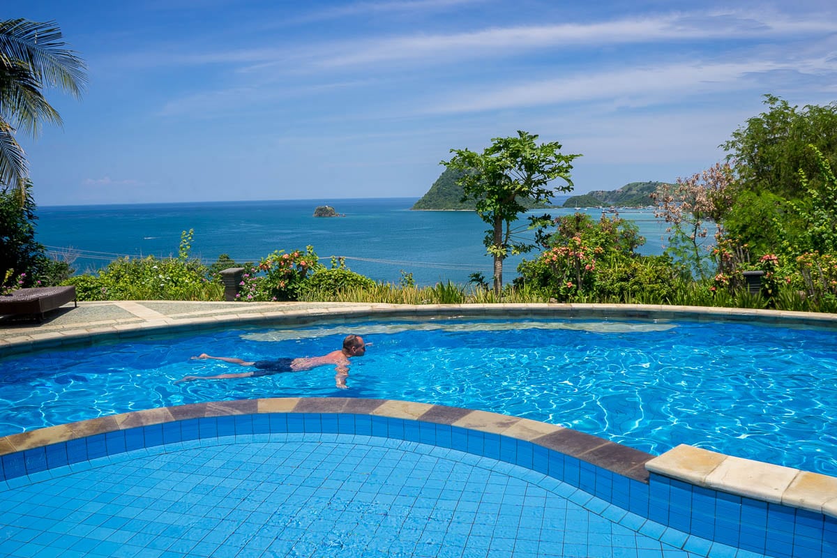 I'm swimming in the pool at Golo Hill Top in Labuan Bajo