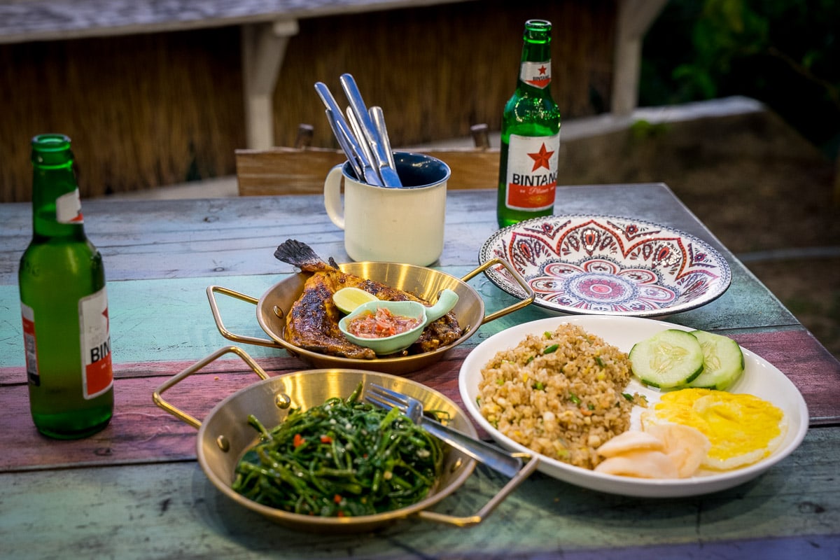 Grilled Fish, fried rice and kangkung vegetables for dinner with two Bintang beers