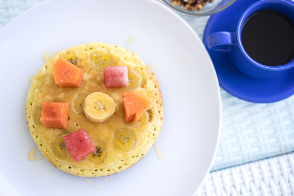 Pancake and fruit for breakfast at Aquaterrace, Amed