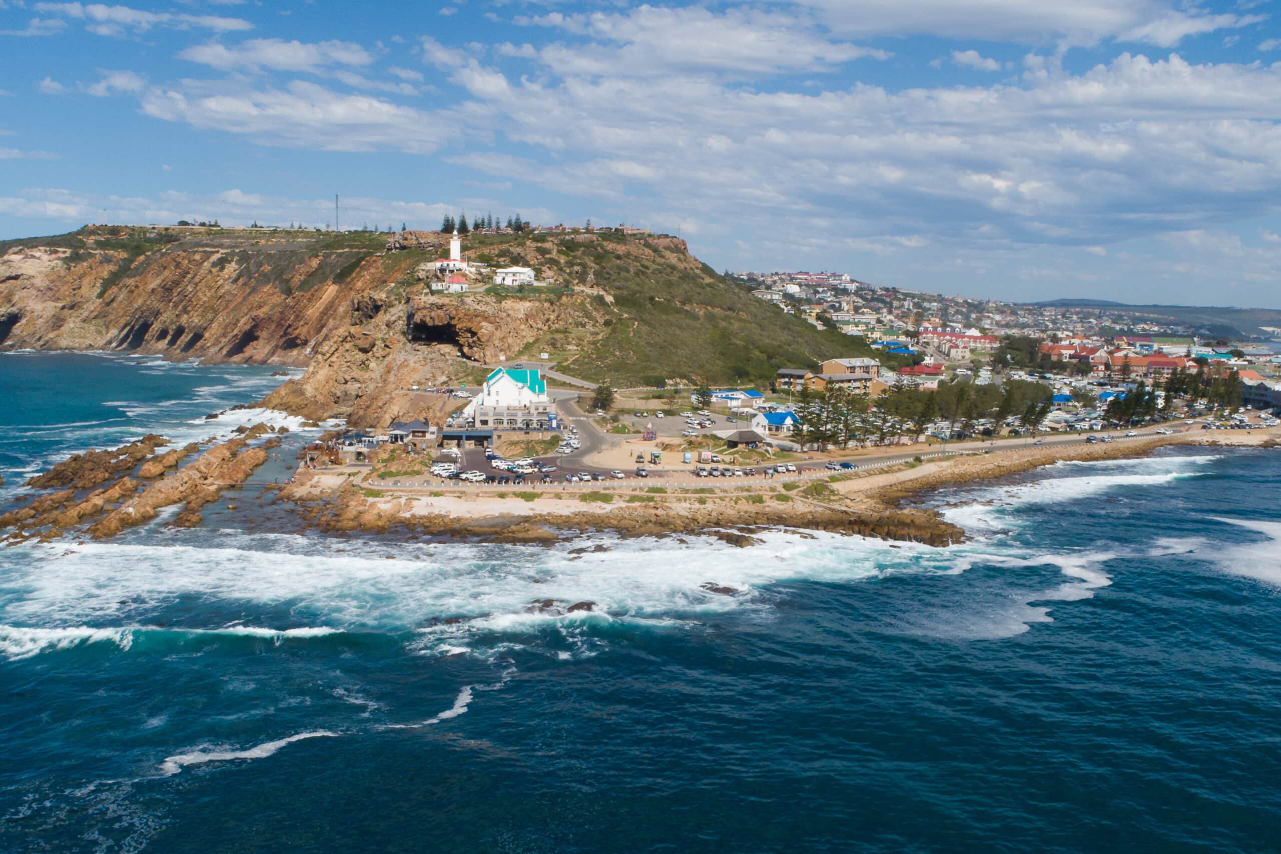 An drone photo of Mossel Bay, one of the most beautiful small towns in South Africa