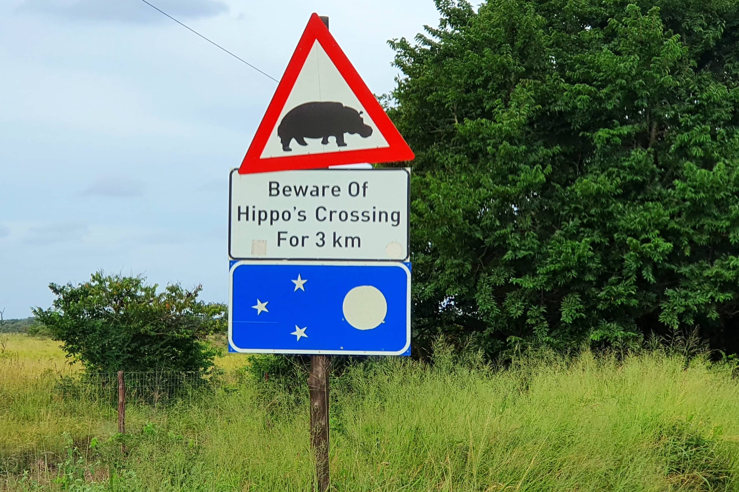 A sign warning motorists of hippos crossing the road in St Lucia, Kwazulu Natal, South Africa