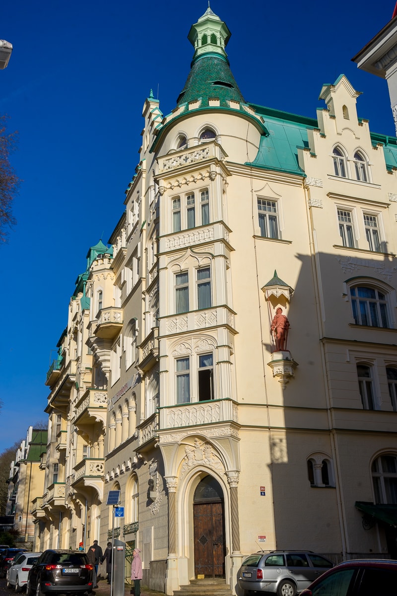 Our Spa Hotel in Marianske Lazne, seen from the street on a cloudless winter's morning