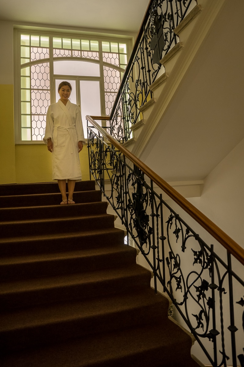 Jin in her robe ready for a spa session in the Svoboda Hotel