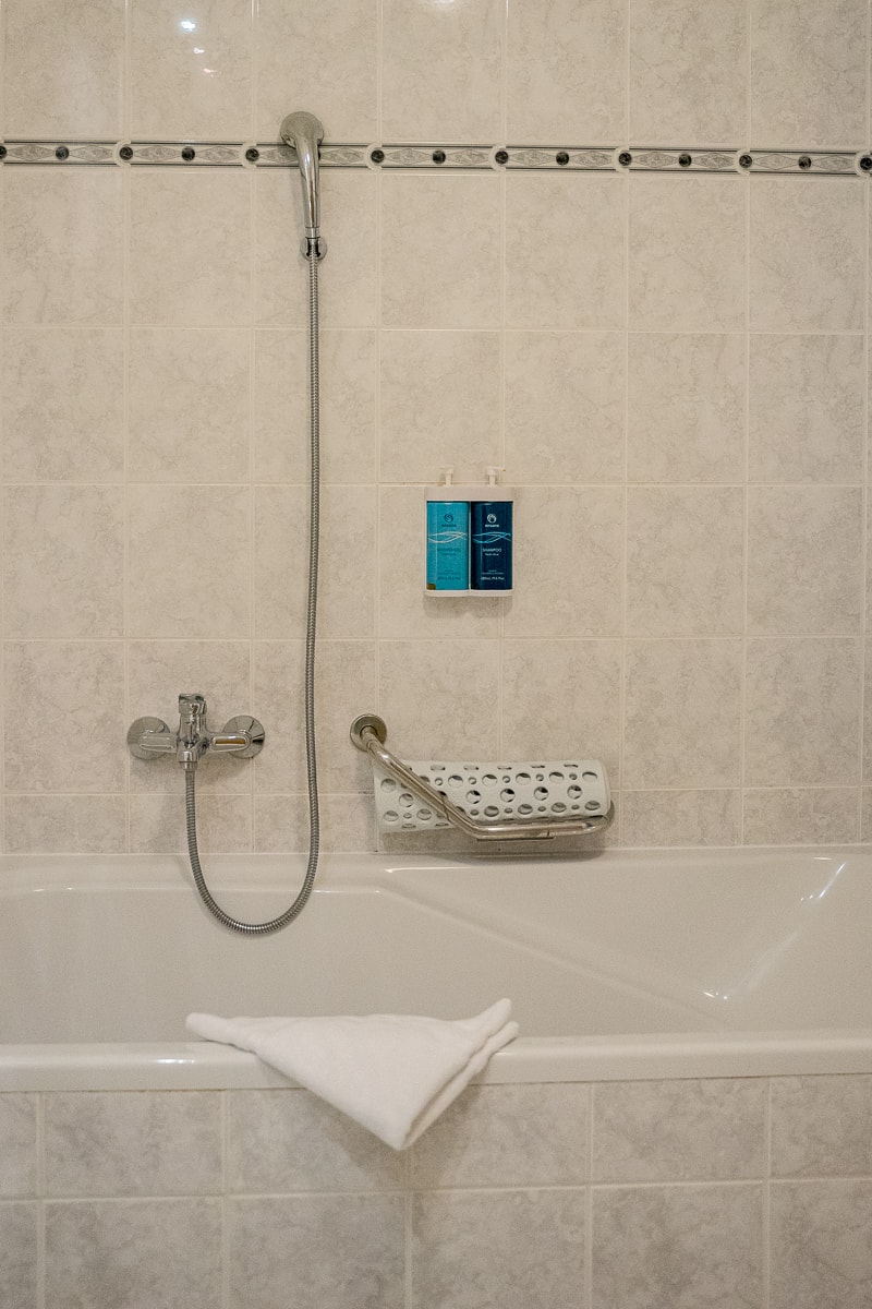 The bath tub and shower of our hotel room in Marianske Lazne