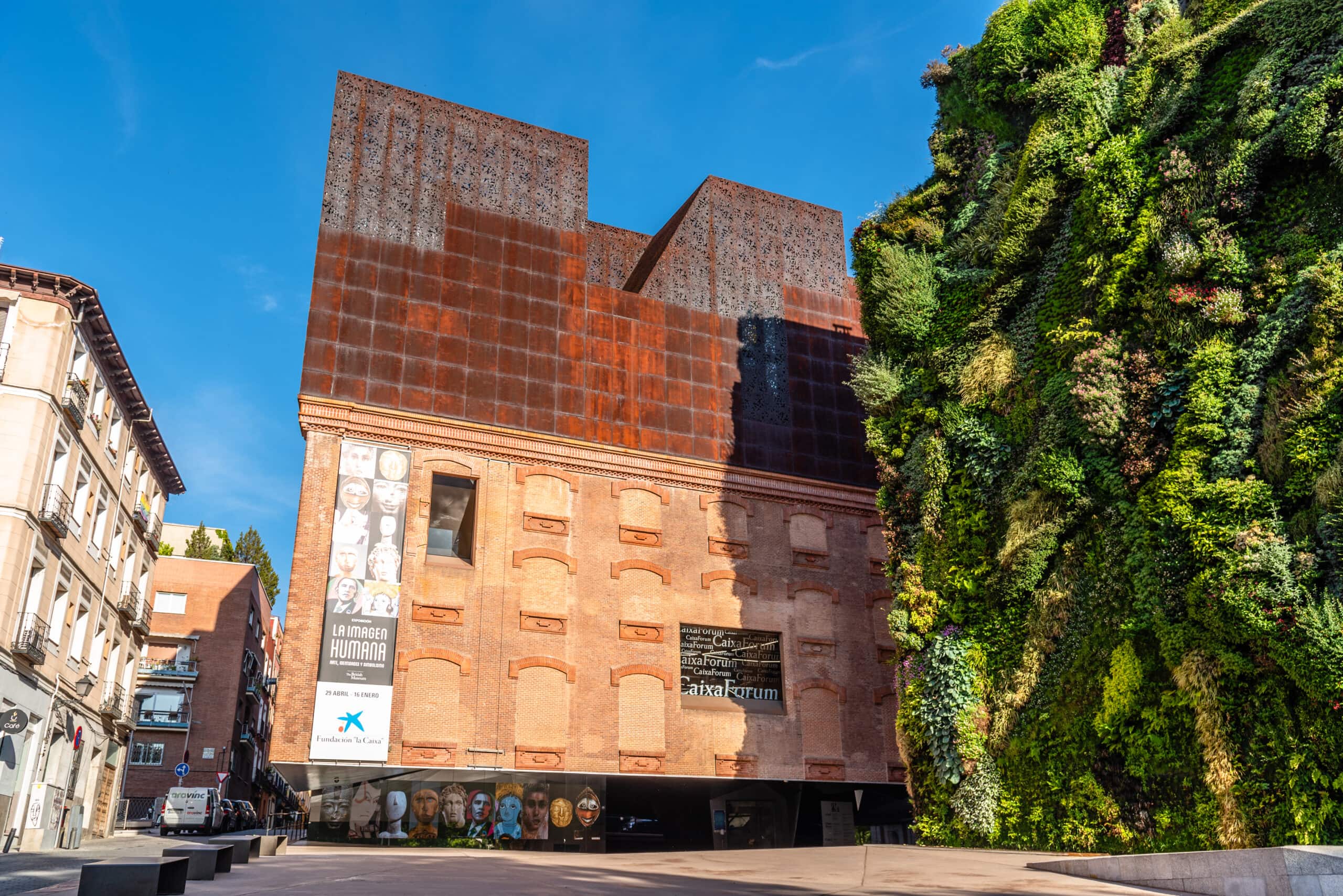 Madrid Museums: Outdoors view of CaixaForum Madrid. It is a museum and cultural center in Paseo del Prado sponsored by La Caixa Bank, designed by Herzog and de Meuron
