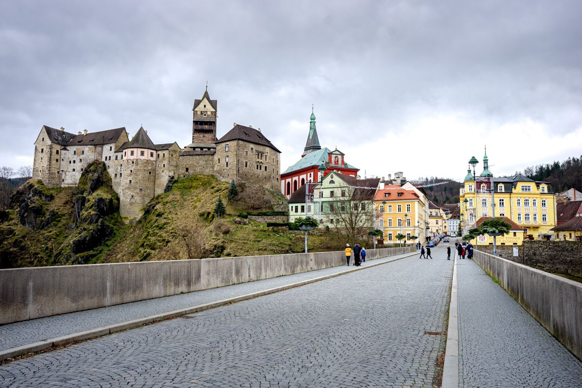 View of Loket Castel and town, seen from the bridge that spans the Ohre River and leading to town