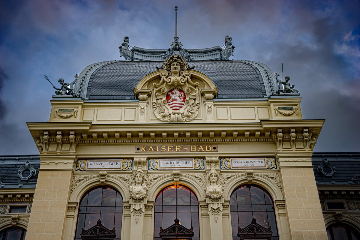 The facade of the Kaiserbad, or the Imperial Spa, in Karlsbad (Karlovy Vary) in the Czech Republic