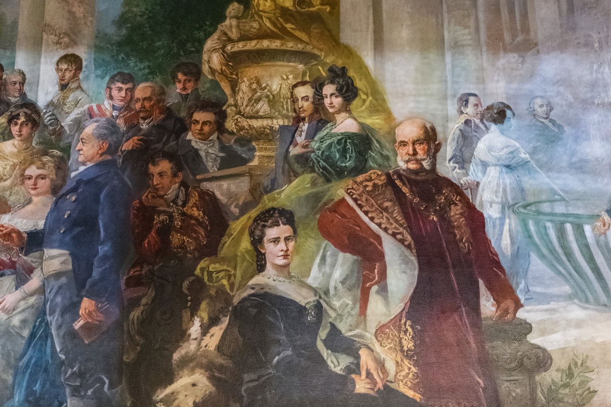 A painting depicting famous personalities who visited the Kaiserbad Spa in Karlsbad during the 19th and 20th centuries