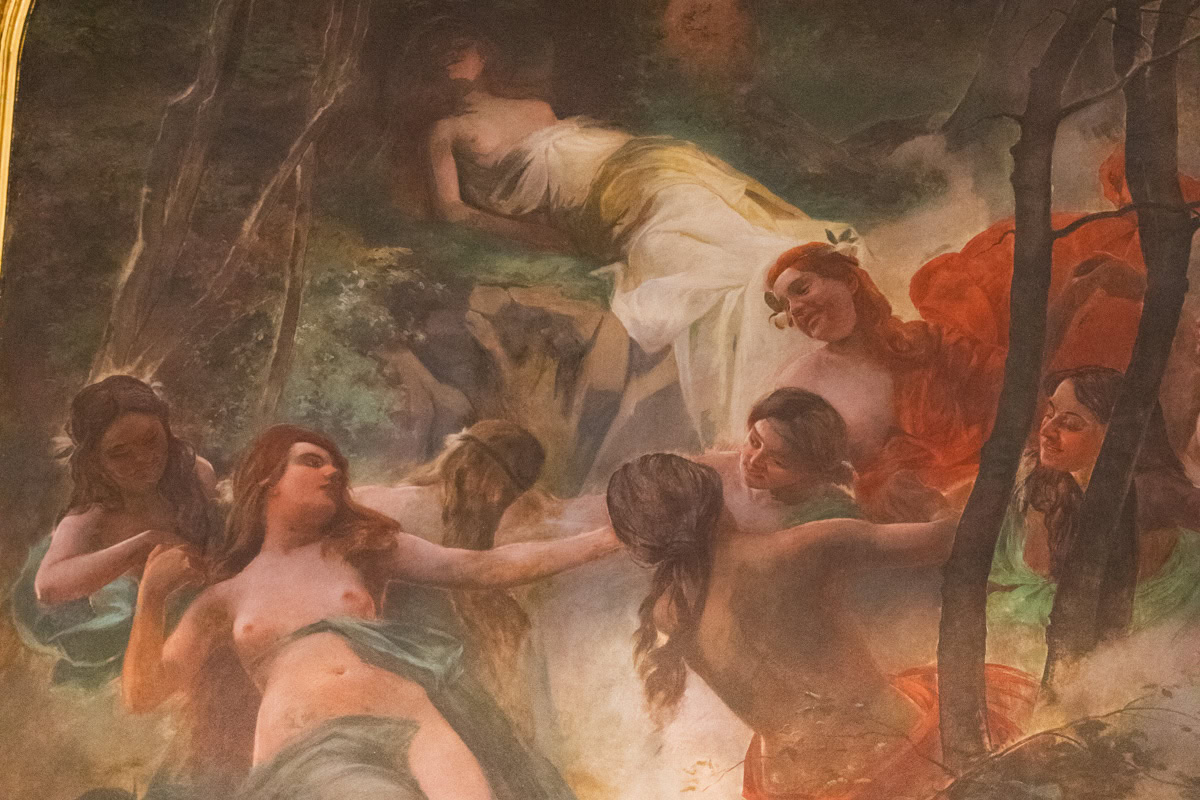 A detail of the sleeping water nymph Egeria painting in the Staircase Hall of the Imperial Spa in Karlovy Vary