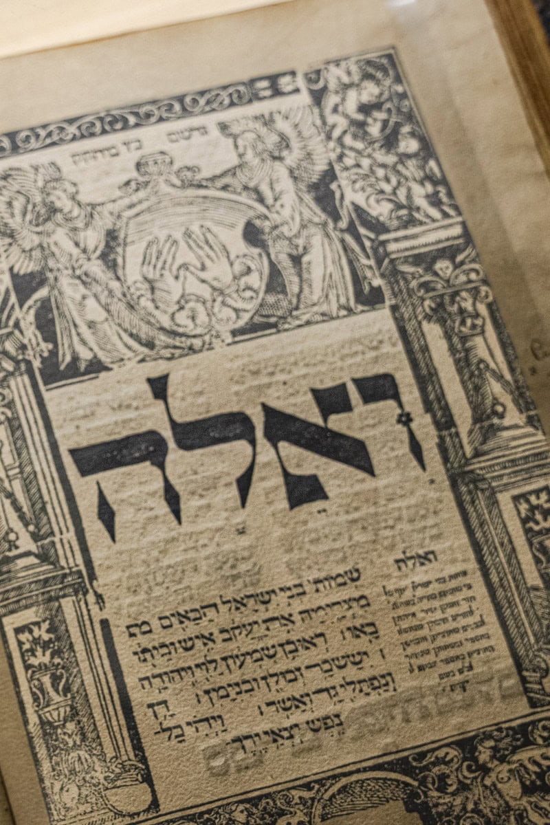 A detail of a Hebrew book inside the Maisel Synagogue.