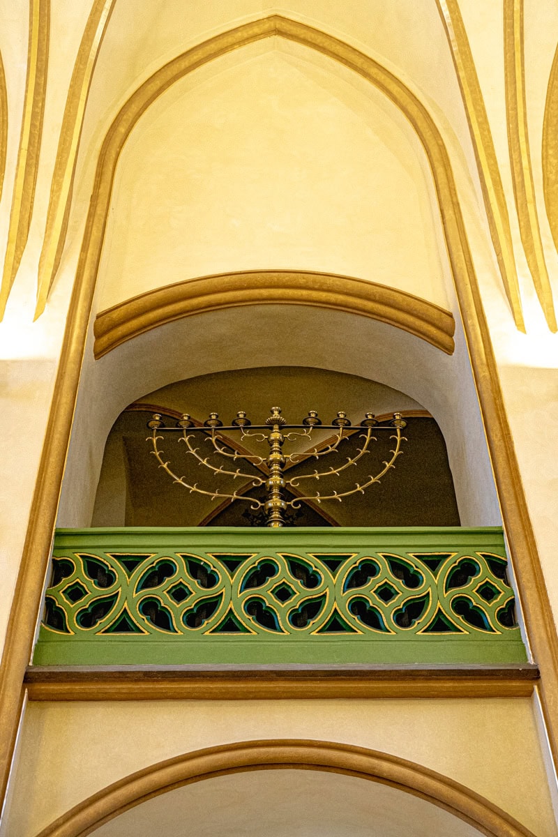 A menorah inside a synagogue in Prague