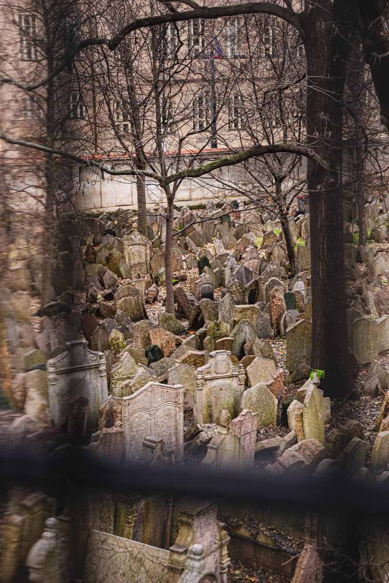 A view over the Old Jewish Cemetery, seen through the window of the Ceremonial Hall