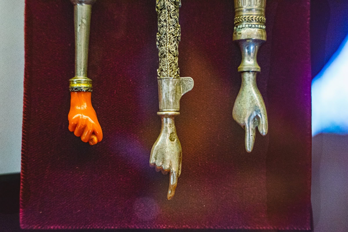 Three brass Torah Pointers that we saw in the Klausen Synagogue. They are about the size of a ballpoint pen