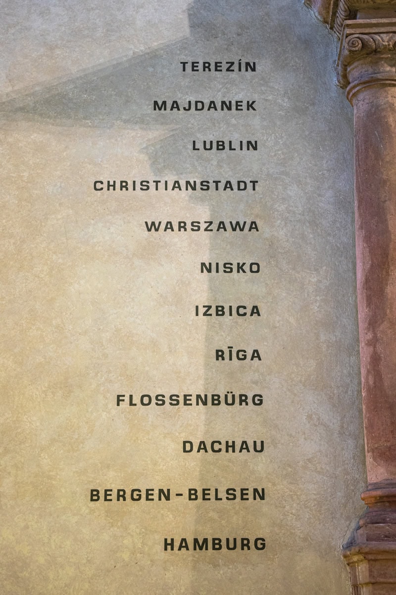 Names of Holocaust Nazi camps written on a wall in the Pinkas Synagogue, Prague