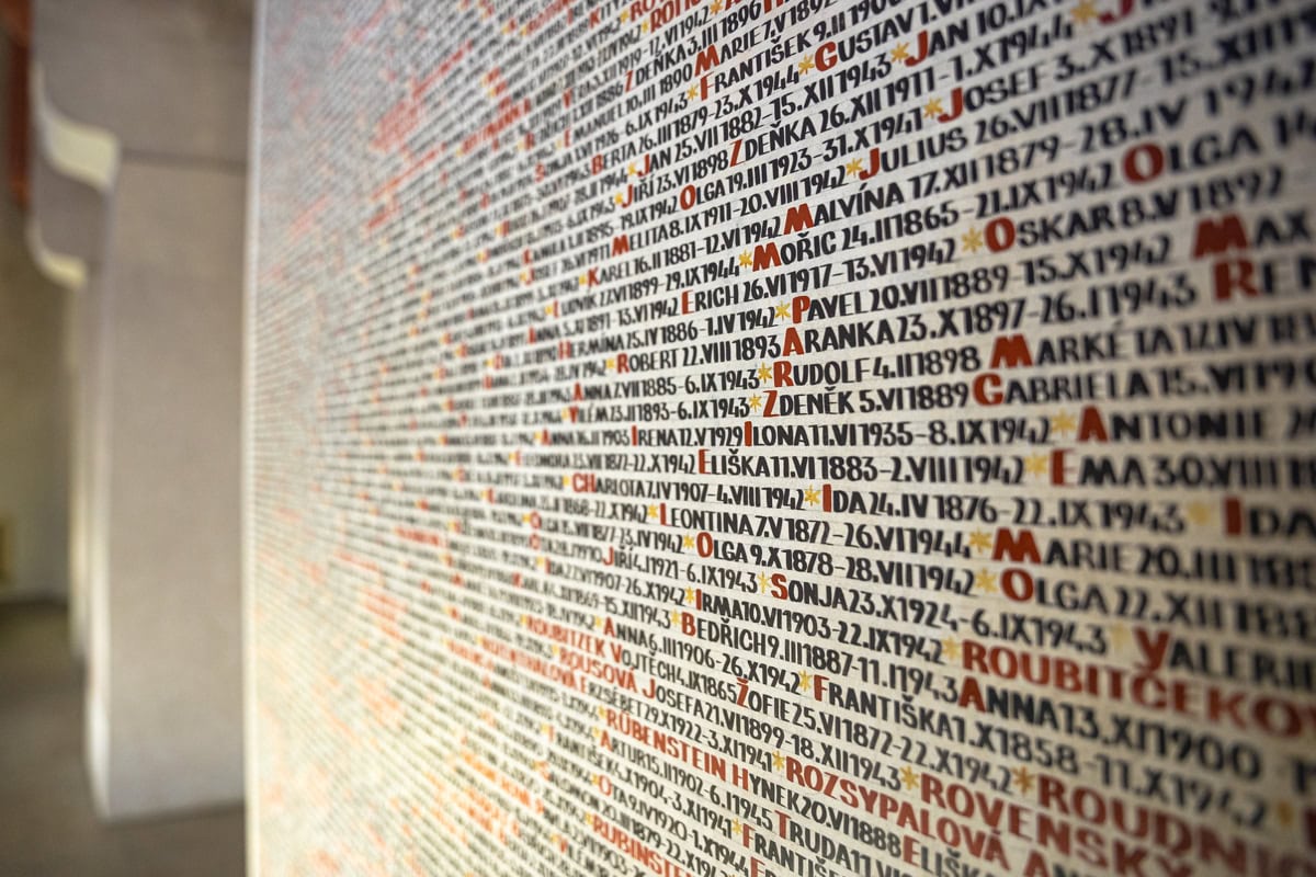 A detail of the 70 000 names written on the walls of the Pinkas Synagogue, part of the Jewish Museum on Prague. The first letter of the names are in red with the rest in black