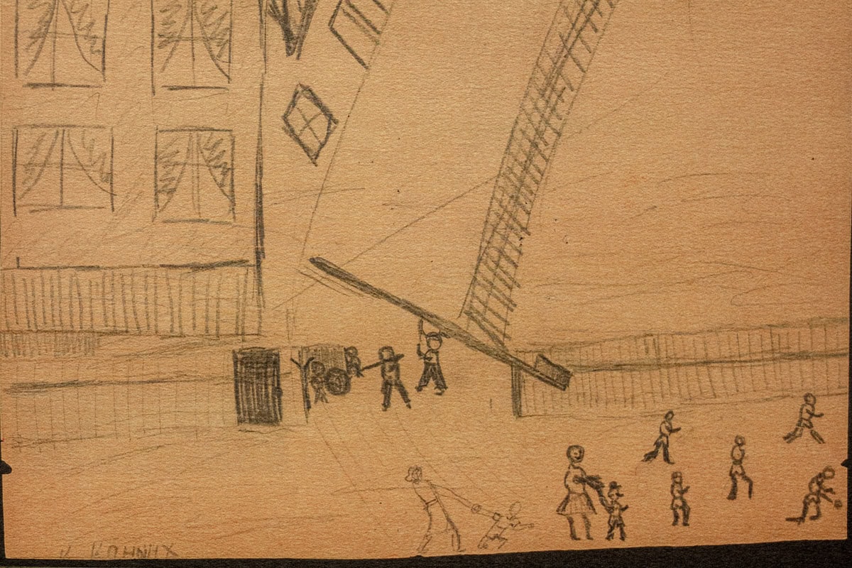 A child's pencil drawing depicting life in the Terezín ghetto.
