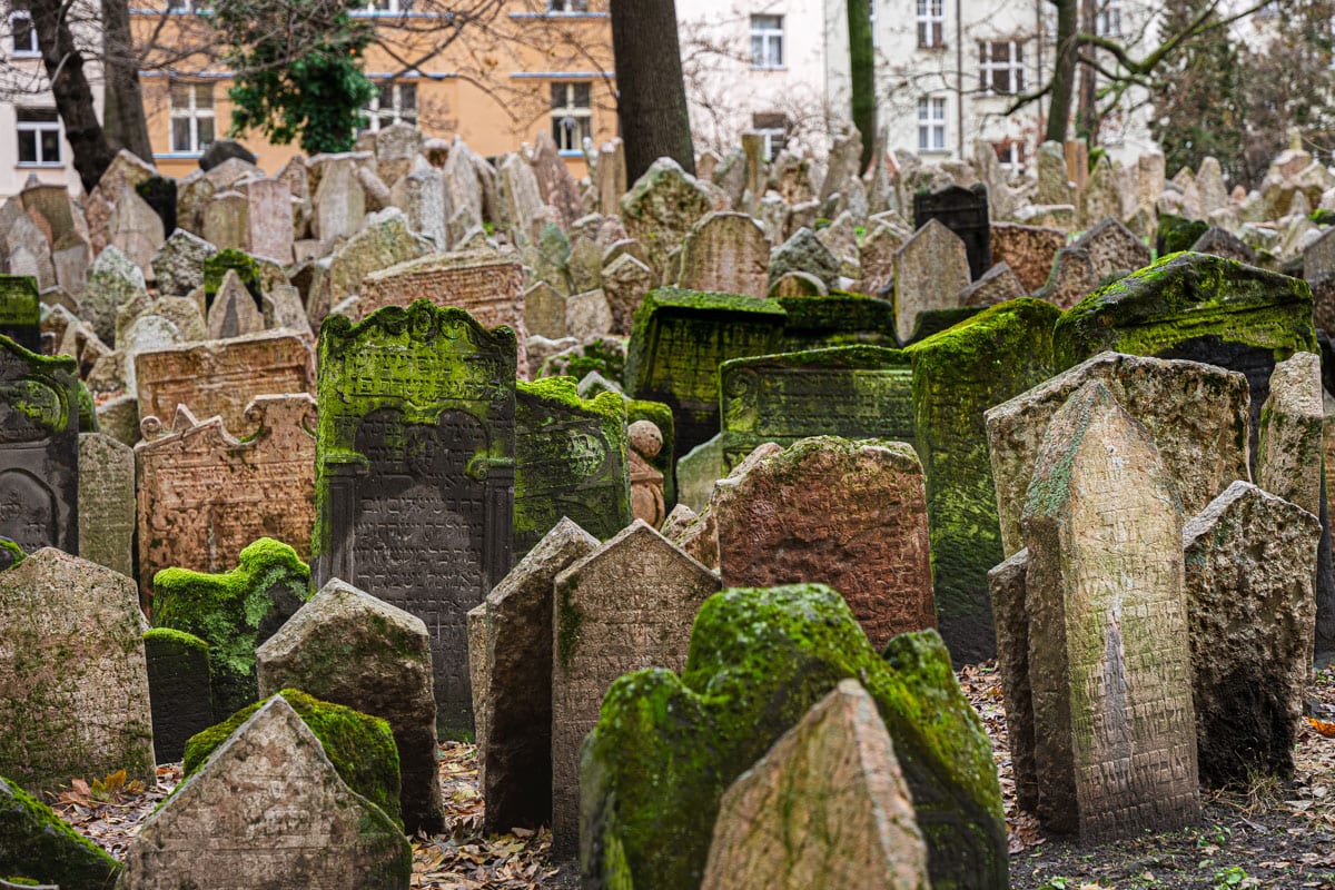 Tombstones inside the Old Jewish cemetery in Prague. Some of them are covered in moss