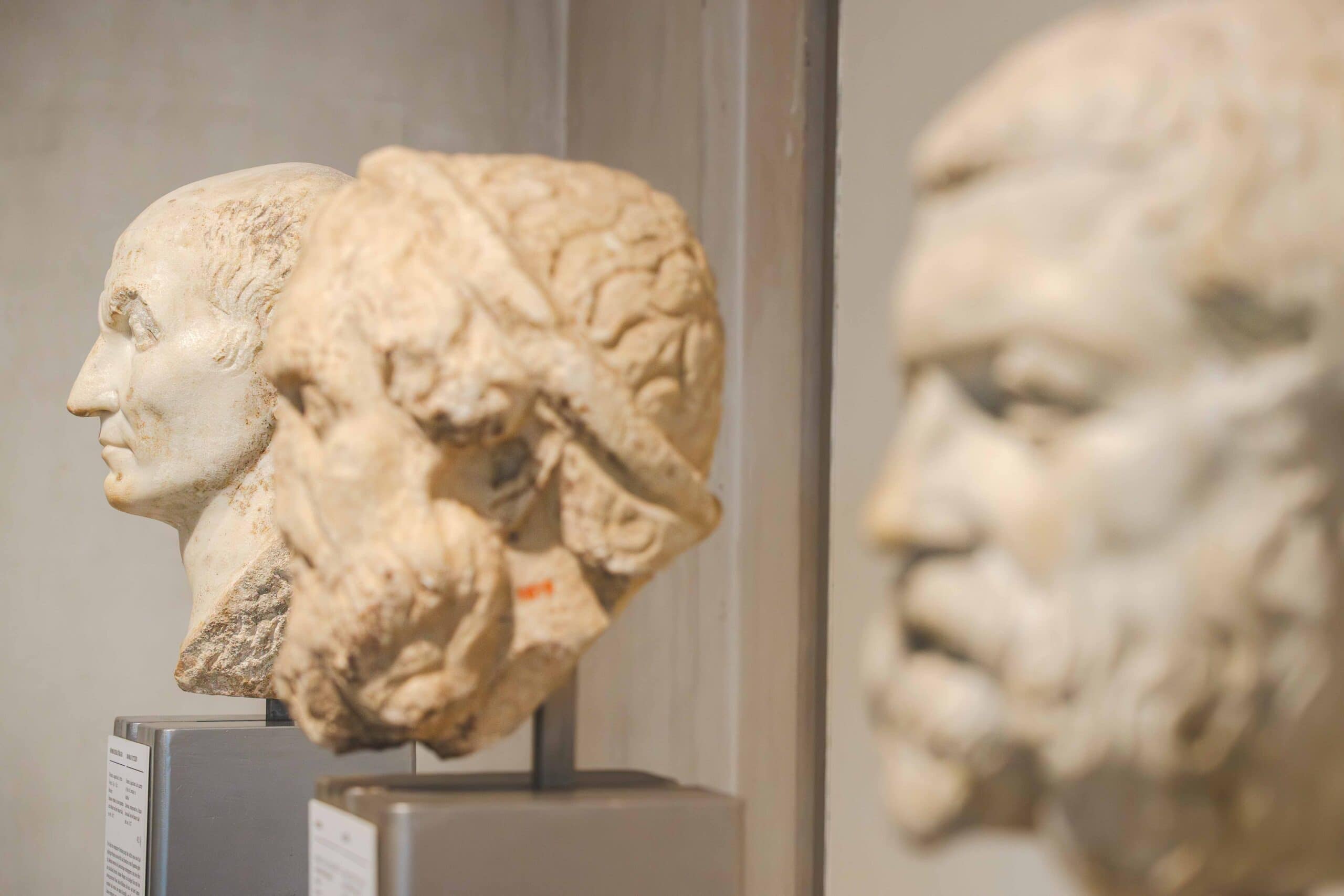Three heads in marble. Tow are blurred and out of focussed, but the last head, that of a Roman citizen is sharp and in focus. The man resembles Julius Ceasar